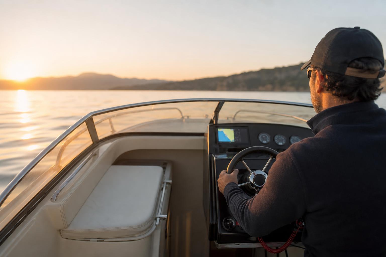 A recreational captain at the helm of a small motorboat at golden hour, calm water, hands on the wheel.